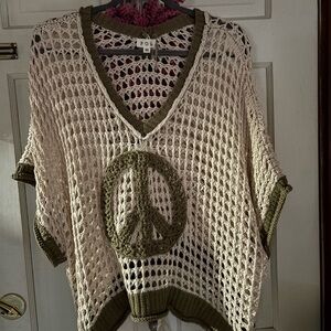 POL Cream and Green V-Neck Sweater with Peace Design